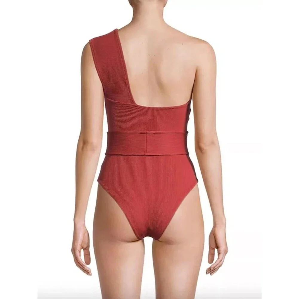 Haight Maria Ribbed One-Shoulder One-Piece Swimsuit Red Small NEW